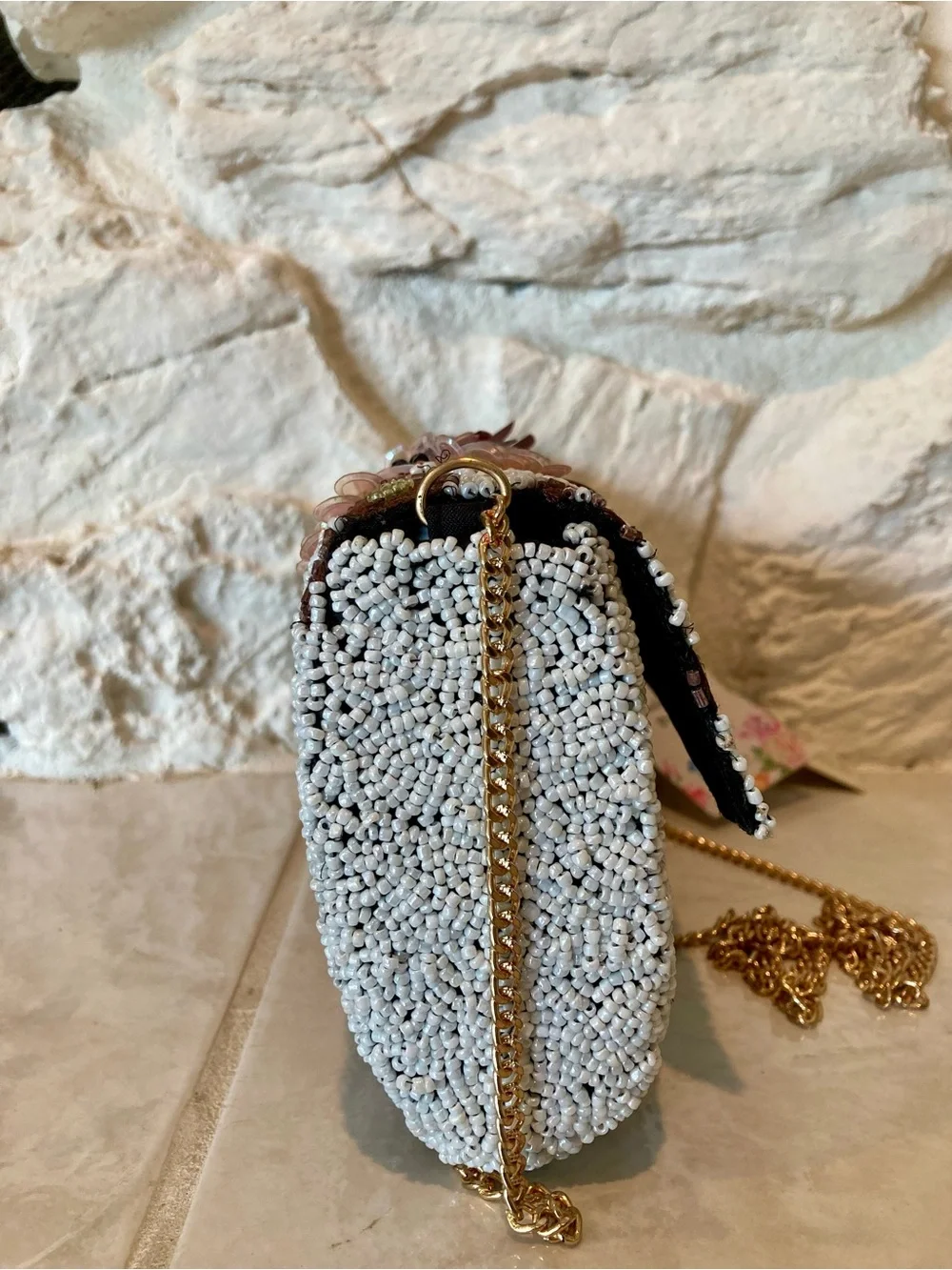 NWT “Handcrafted in India” flap front glass beaded leopard print pattern clutch